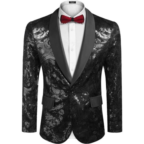 Men's Shiny Sequins Blazer Floral Suit Jacket Stylish Tuxedo for Party, Wedding - Picture 1 of 6